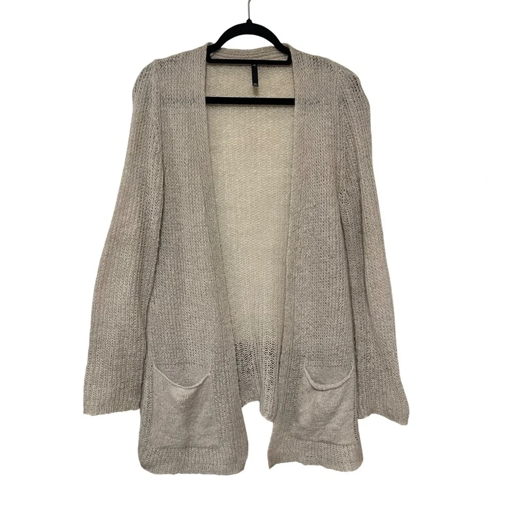 Mohair Blend Womens Cardigan Sweater Beige Knit Open Front‎ Pockets Oversized XS